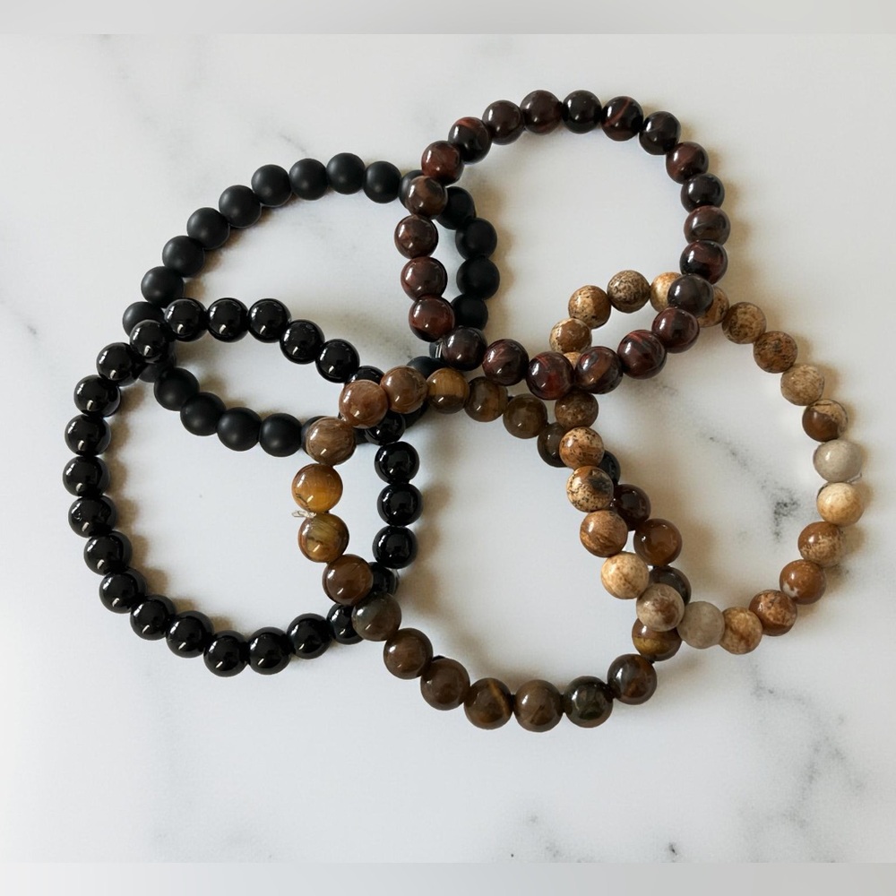 Set 5 Beaded Bracelets Stackable Stretch Brown Bl… - image 2